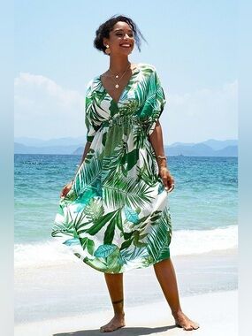 CUPSHE Whitley Tropical V-Neck Beach Cover-Up Dress XXL Resortcore Paradise 🌴☀️
